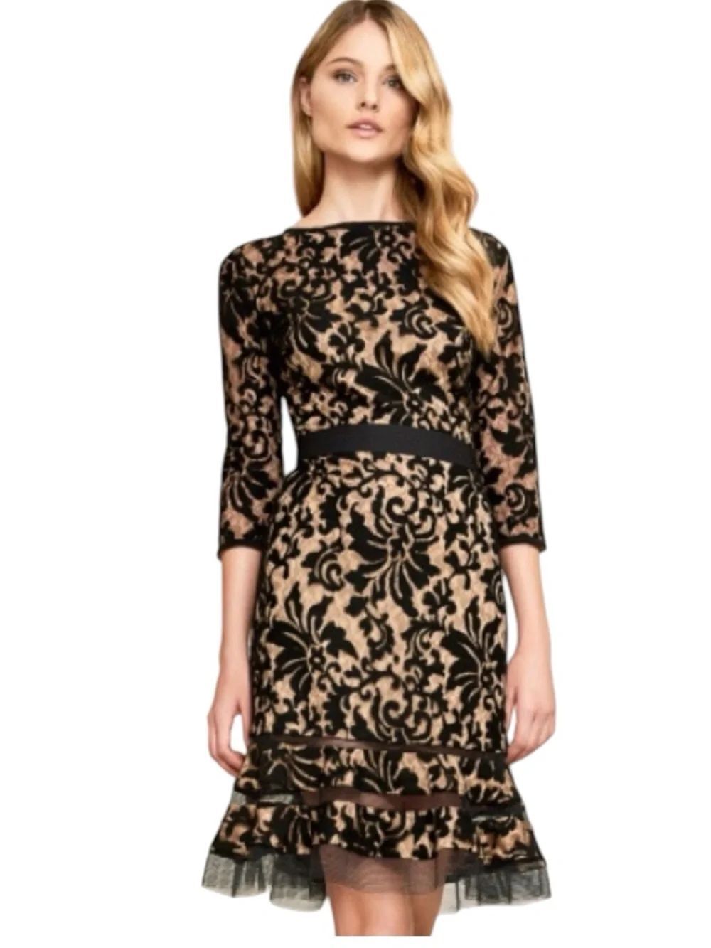 Tadashi Shoji Black Lace Tan Lining Cocktail Floral Embroidered Fit & flare Sz 6